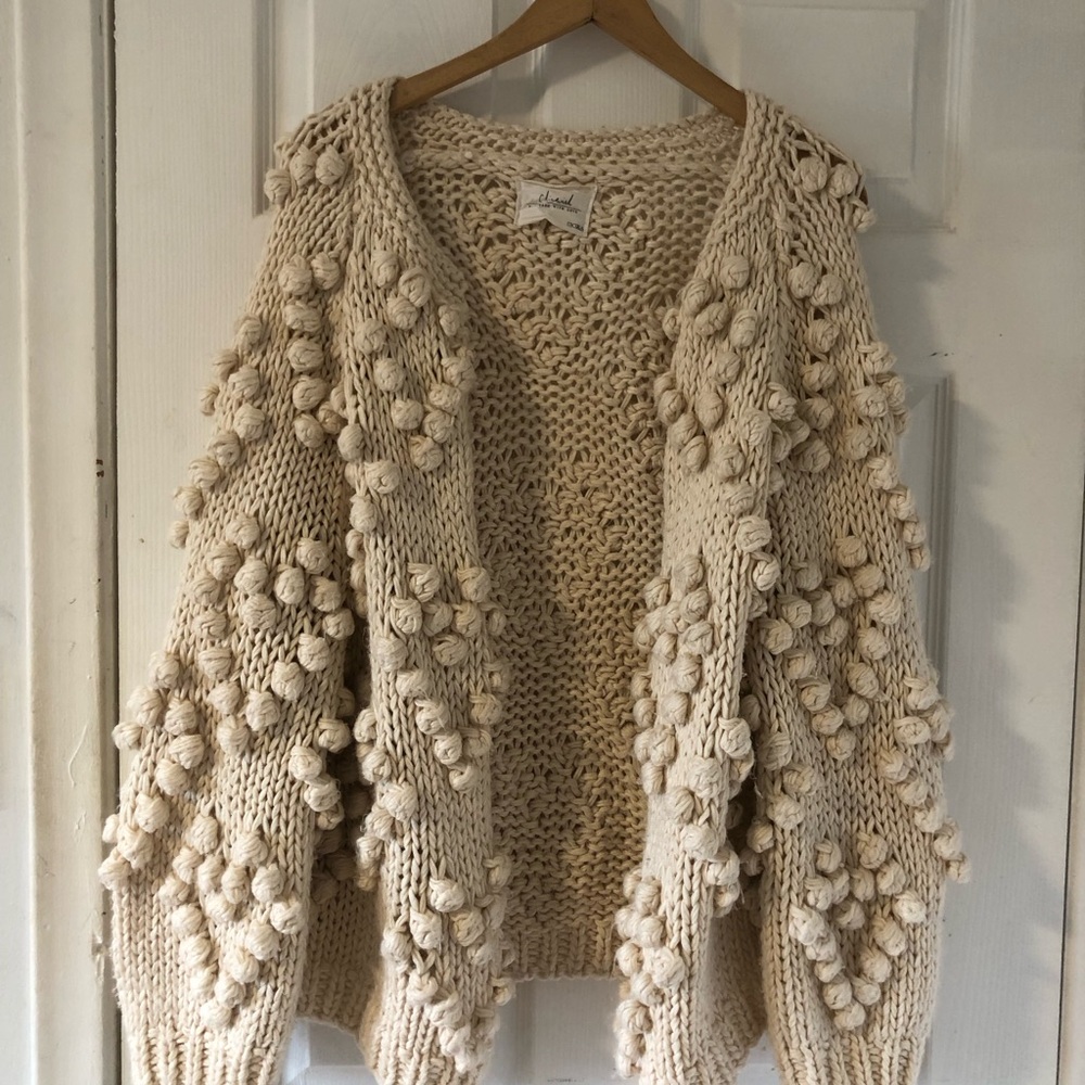 Chicwish Cream Pom-Pom Heart Chunky Knit Cardigan